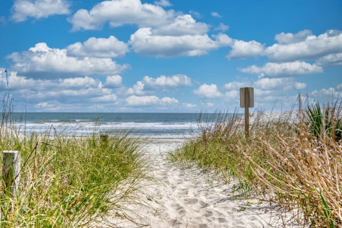 A sandy path leads through tall grasses to the beach, with gentle waves lapping against the shore in the distance. The sky is bright with fluffy clouds scattered across a blue backdrop, creating a serene coastal atmosphere.