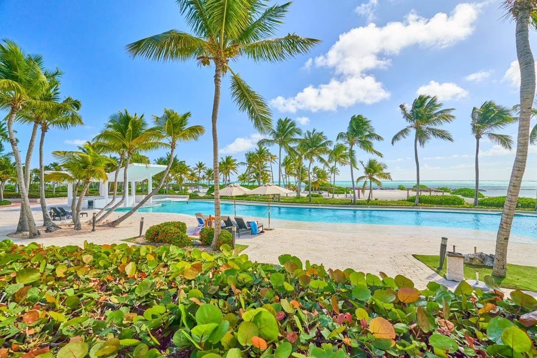 A scenic view of a pool area surrounded by lush greenery and palm trees. Lounge chairs are arranged along the poolside, and a serene beach can be seen in the distance beneath a blue sky dotted with clouds.