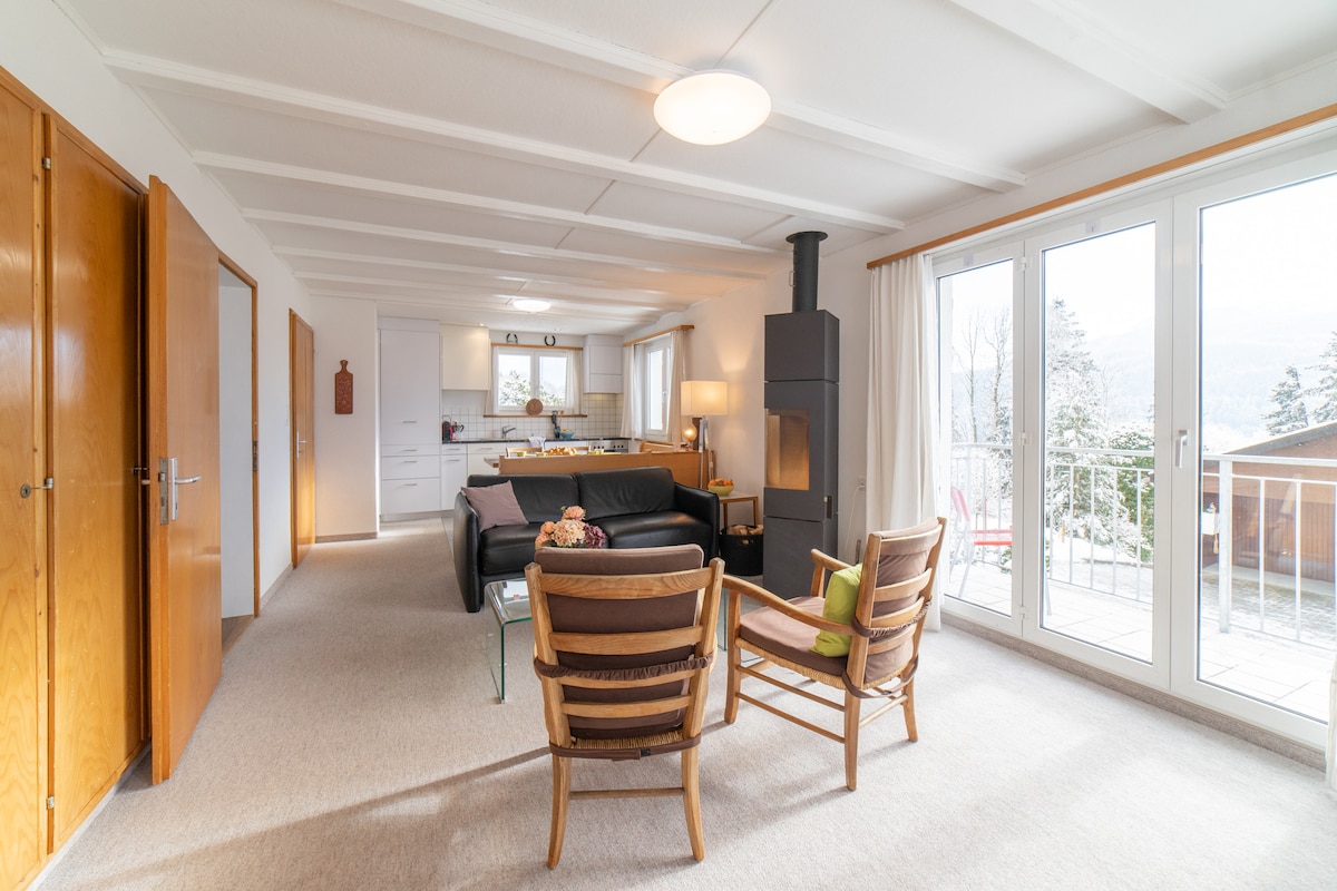 The living area features a black sofa and two wooden chairs arranged around a coffee table. A cozy fireplace stands in the corner, and large glass doors allow natural light to fill the space, with a view of the surroundings visible outside.
