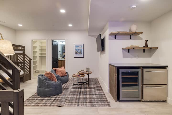 Kitchenette and bean bag chairs.
