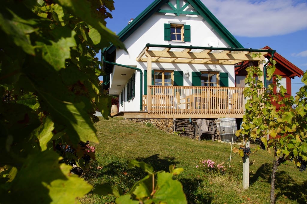 A quaint house is set against a backdrop of rolling hills and greenery. The structure features a wooden terrace with a pergola, bordered by lush vineyards. The exterior is accented by green shutters and a gabled roof, contributing to the charming rural ambiance.