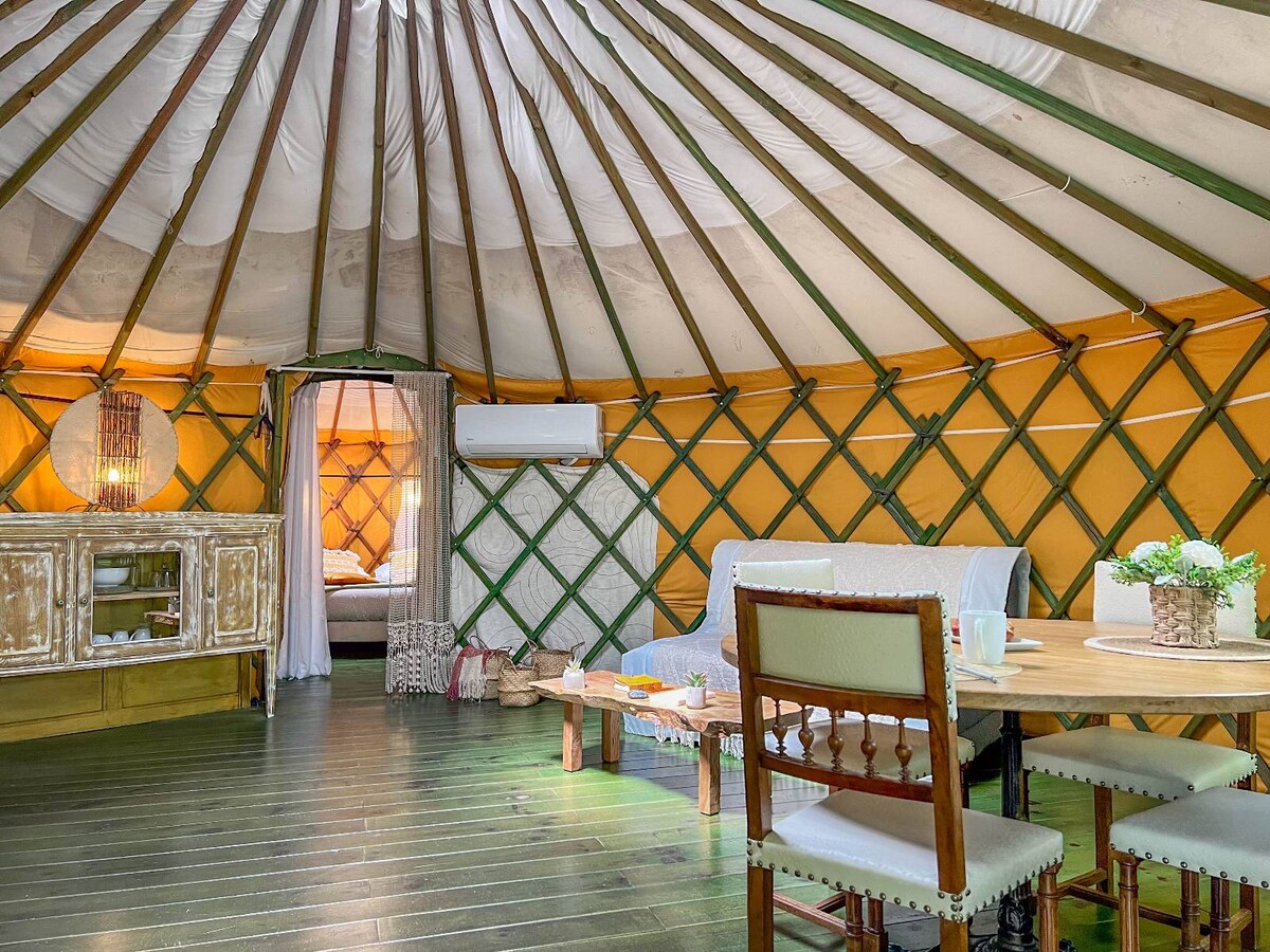 The interior of the yurt features a circular design with a warm yellow and white color scheme. A comfortable sitting area is present, along with a dining table. Natural light filters through the windows, highlighting the wooden flooring and inviting atmosphere.
