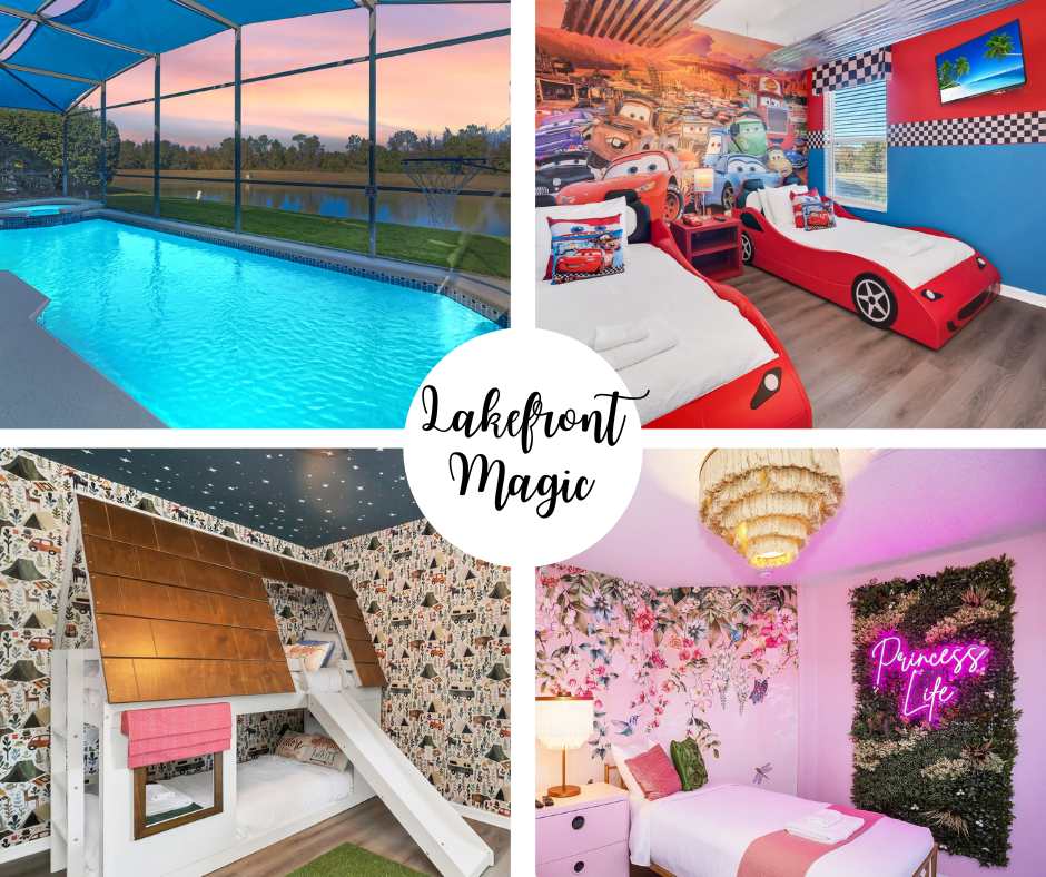 A crystal-clear pool glistens under a pastel-hued sunset, framed by a screened enclosure. The image features two themed bedrooms, one resembling race cars, with beds shaped like cars, and the other decorated in a floral Princess Life theme, complemented by whimsical lighting.