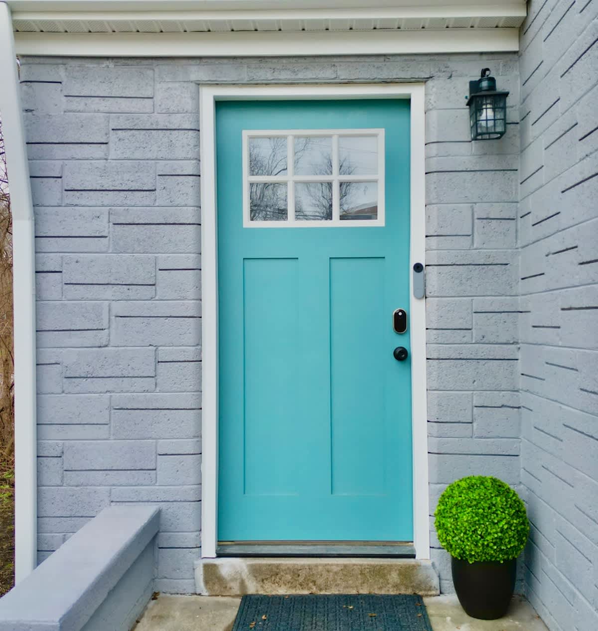 A modern entrance features a vibrant teal door with four square windows at the top. Flanking the door, a small potted plant adds a touch of greenery. Textured gray stone walls create a clean and welcoming facade.