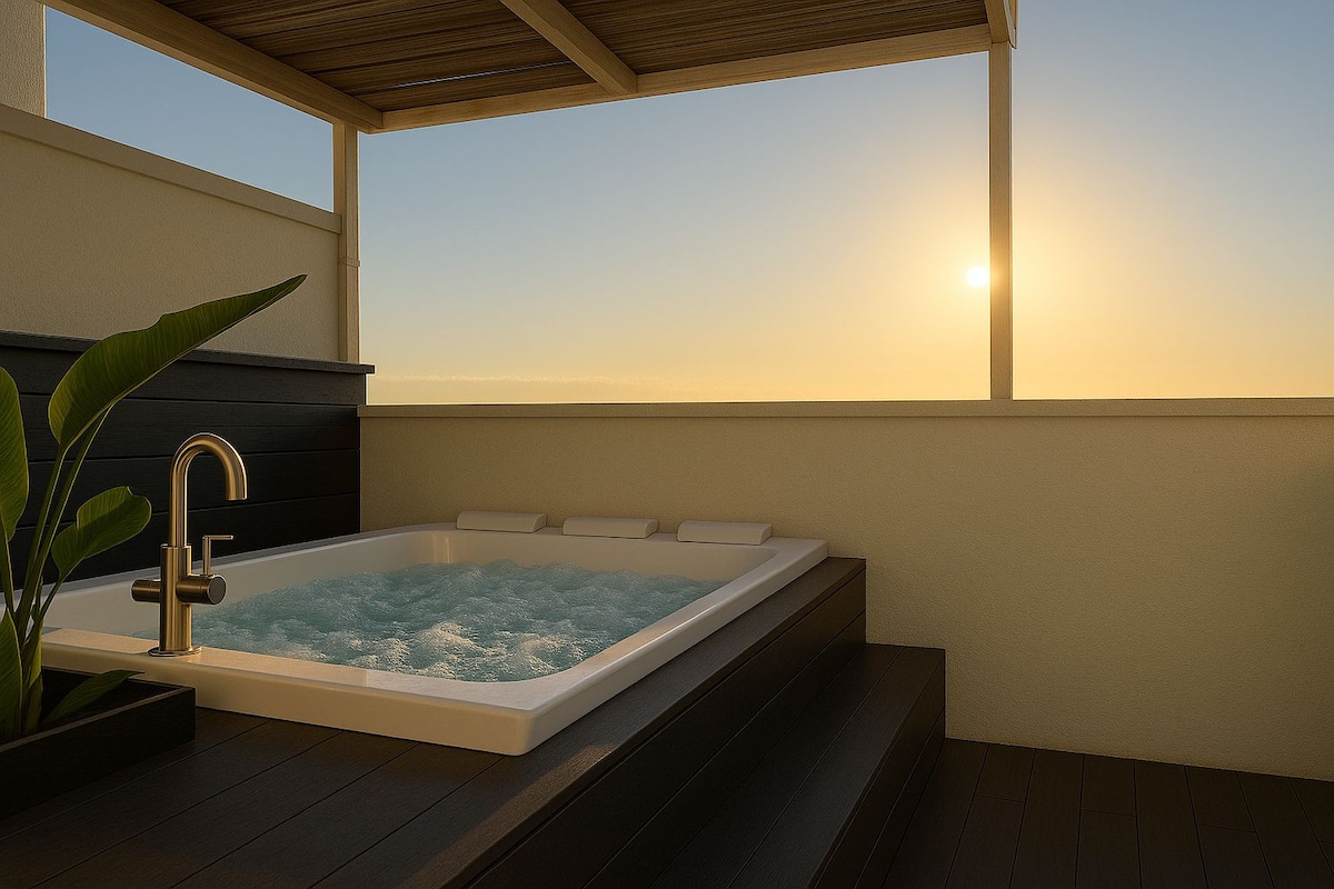 A hydromassage tub is positioned on a panoramic terrace, framed by wooden beams. Soft bubbles fill the tub, while a green plant adds a natural touch. The scene is completed by a view of the sunset, casting warm light in the background.