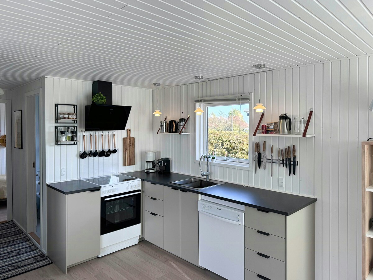 A functional kitchen space features modern appliances, including an oven, stovetop, and dishwasher. Natural light filters through a window above the sink, providing a view of the surrounding greenery. Sleek countertops and organized utensils enhance the space's practicality.