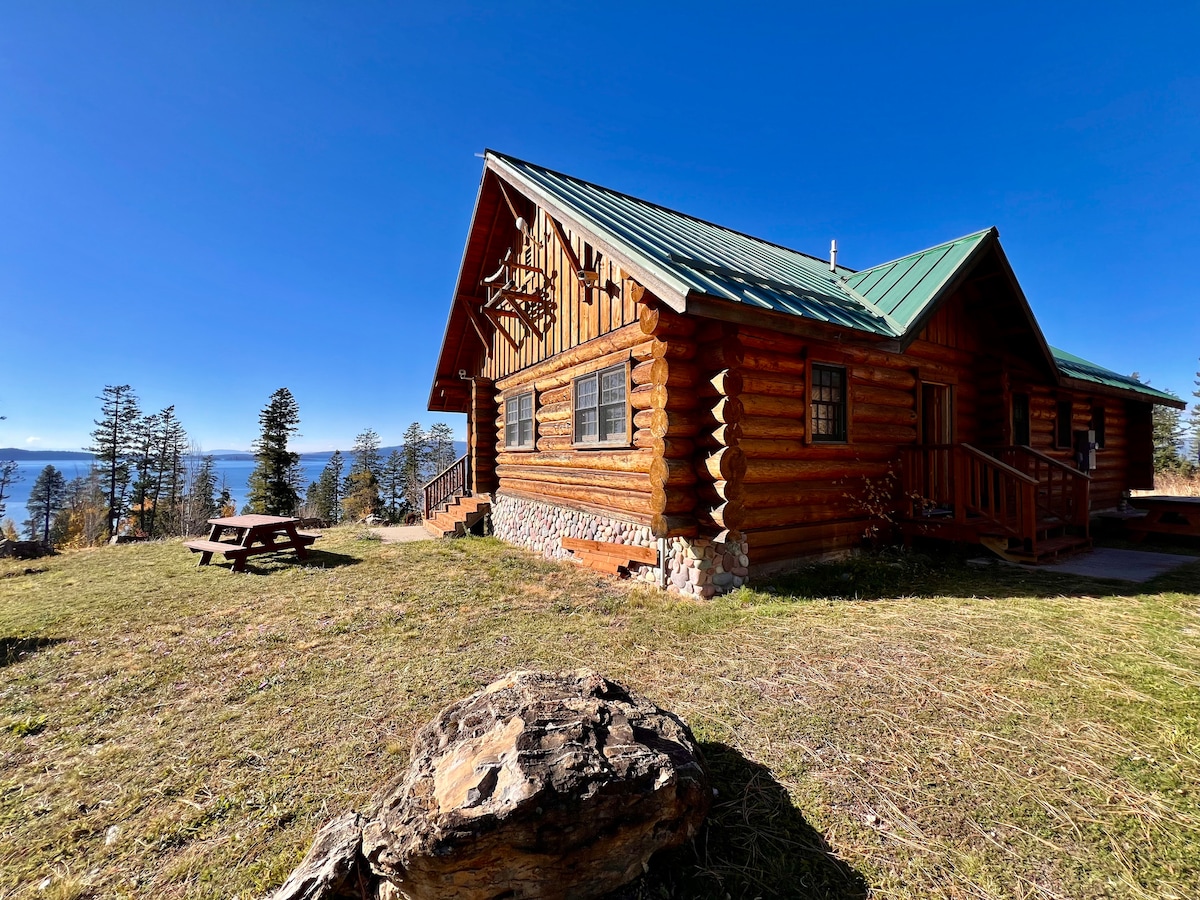 A classic log cabin is showcased with a green metal roof, surrounded by lush grass and a rocky terrain. The spacious outdoor area features a picnic table, while expansive windows provide views of the lake and surrounding forest.