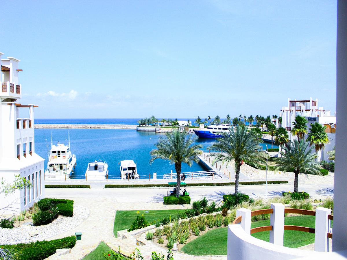 A tranquil marina scene is displayed, featuring calm blue waters lined with boats. Lush palm trees frame the area, while carefully landscaped greenery enhances the coastal environment. The horizon meets a clear sky, creating an inviting atmosphere for outdoor relaxation.