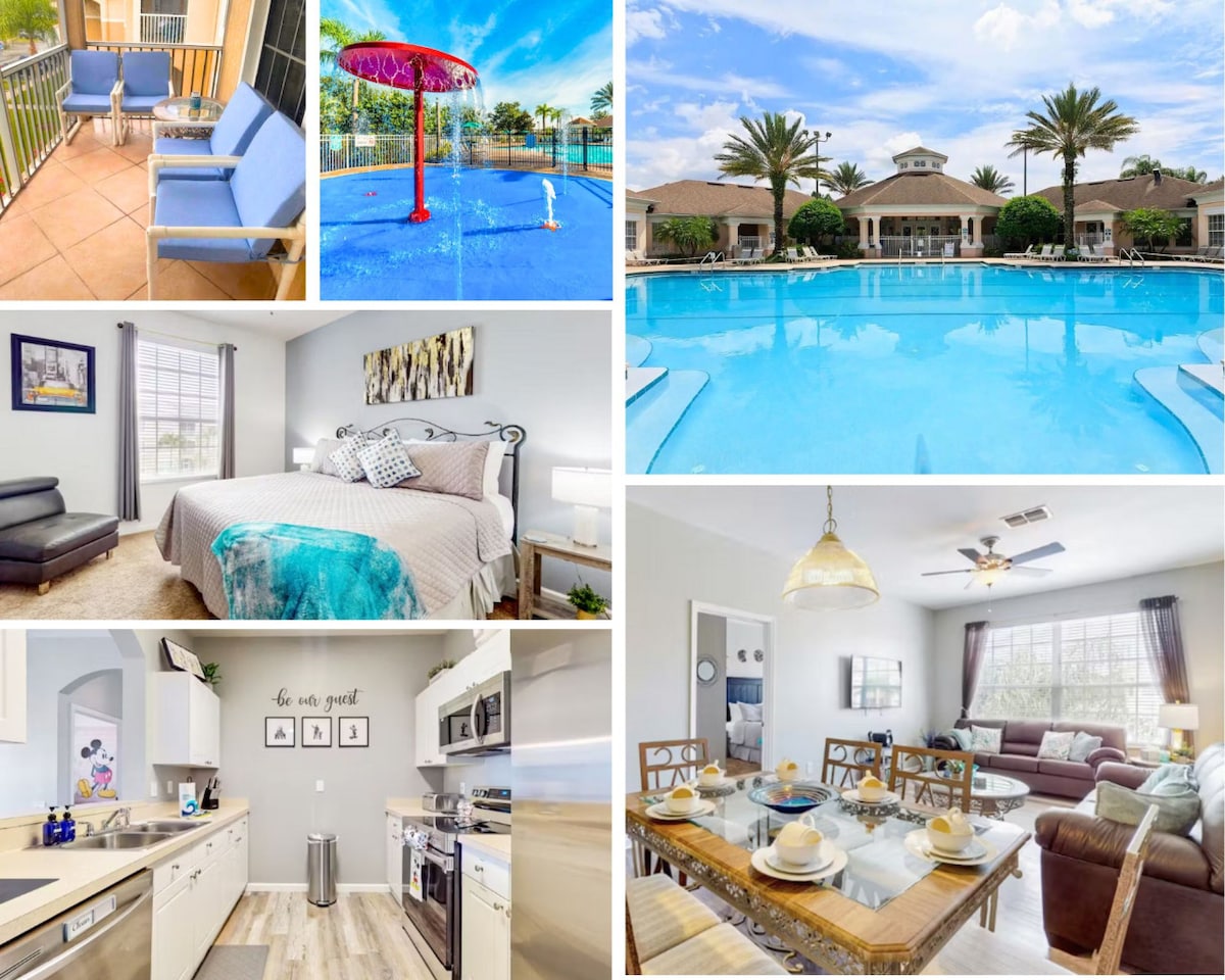 A collage showcases the inviting condo and resort amenities. The private balcony features outdoor seating, while the community pool sparkles under clear skies. The spacious living room, kitchen with modern appliances, and stylish dining area enhance comfort and convenience throughout the space.