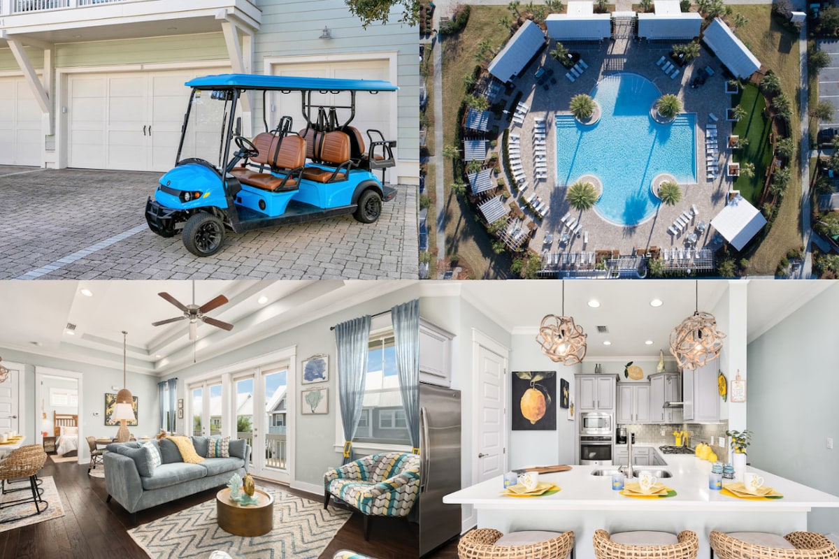 An electric golf cart with a blue exterior is parked on a stone driveway, with a spacious garage visible in the background. A bird's-eye view captures a shared pool surrounded by palm trees and lounge chairs, with umbrellas providing shade. The interior space features a cozy living area with a blue sofa and wooden accents, alongside a stylish kitchen with elegant lighting and a large island.