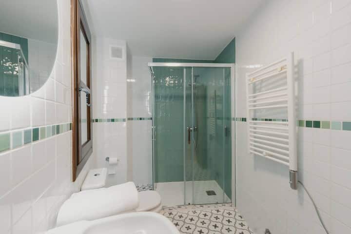 Baño completo con ducha y mampara: toallas, champú y secador de pelo.