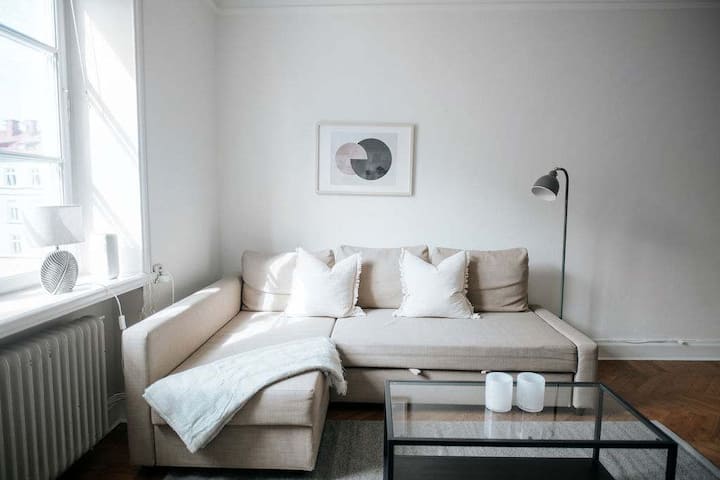 Მყუდრო დივანი, რომელიც შეიძლება გადაიქცეს 140 სმ სიგანის საწოლად, რომელიც 2 სტუმარს იტევს.