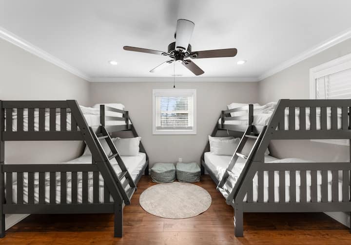 Main level bunk room with two twines over full bunks- sleeps 4 adults or 6 kids. 