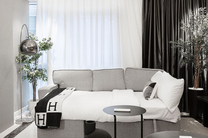 La zona giorno è dotata di un accogliente divano che si trasforma facilmente in divano letto, offrendo sia comfort che flessibilità per rilassarsi o accogliere gli ospiti durante la notte.