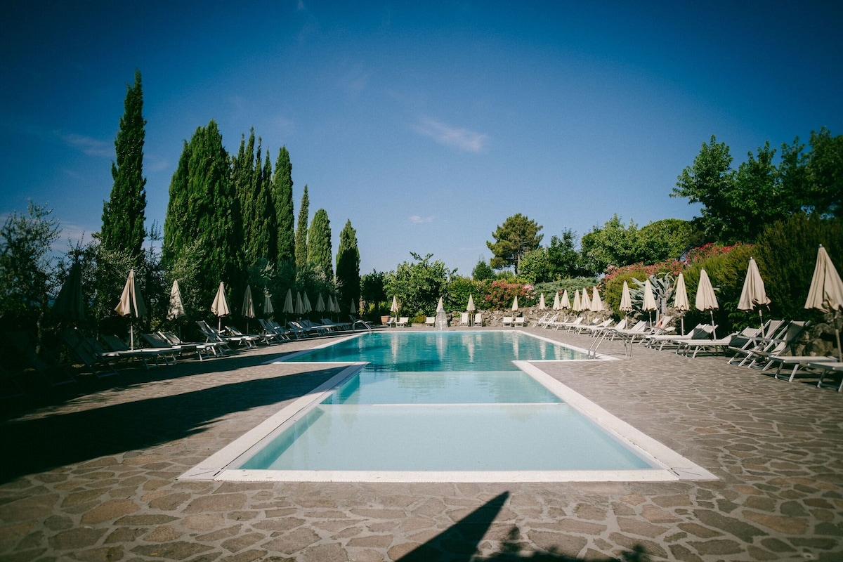 An expansive swimming pool is framed by neatly arranged sun loungers and umbrellas. Lush greenery and flowering plants create a serene outdoor setting, enhancing the tranquil atmosphere of the pool area, which invites relaxation and enjoyment.