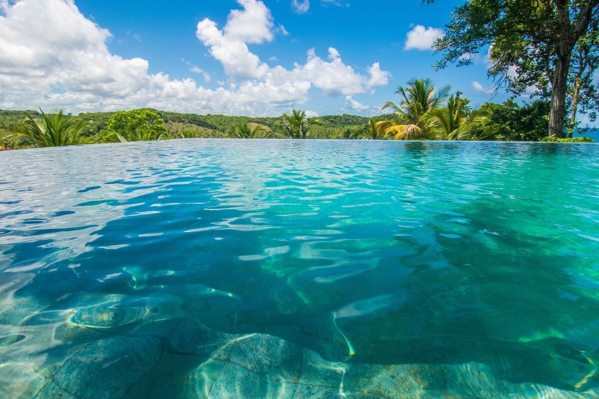 An infinity pool extends towards the horizon, reflecting the vibrant blue sky and surrounding greenery. The crystal-clear water appears to blend seamlessly with the landscape, providing a tranquil setting for relaxation. Lush trees frame the scene, enhancing the sense of privacy and connection to nature.