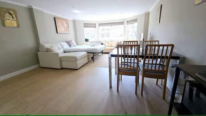 منطقة معيشة - منطقة واسعة مع سرير أريكة وأعمال فنية أصلية حديثة، لدينا أريكة طويلة كخيار للنوم للشخص الخامس