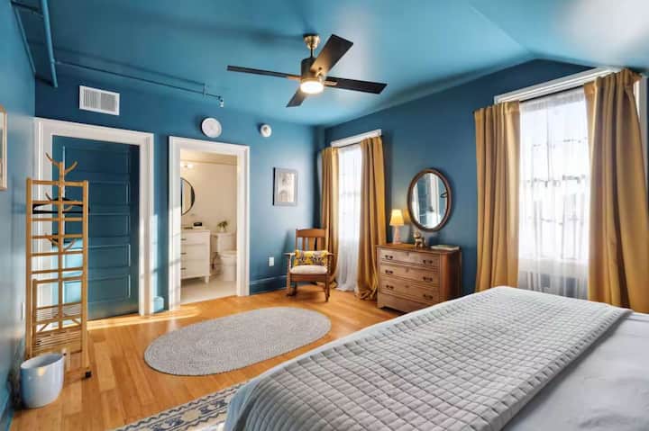 Large upstairs bedroom with a king bed, and full adjoining bathroom.