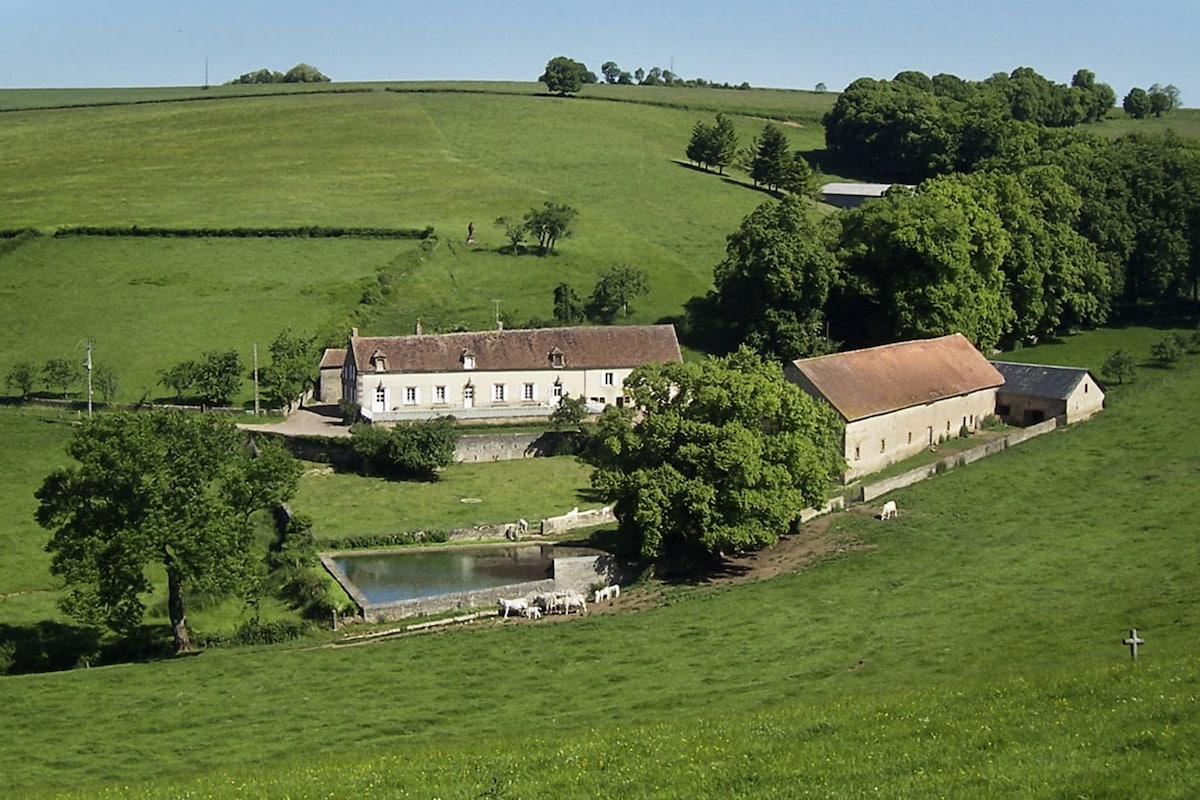 A scenic view of a rural property surrounded by lush green pastures and trees. The main building features a traditional design with a sloped roof, while barns are visible nearby. Cows graze peacefully near a small pond, completing the tranquil countryside setting.