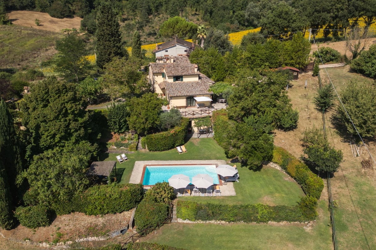 An aerial view reveals a well-manicured garden surrounding a swimming pool, with sun loungers positioned nearby. The property is nestled among greenery, with the main house and annex visible in the background. Hedges and trees frame the outdoor space, enhancing the natural surroundings.