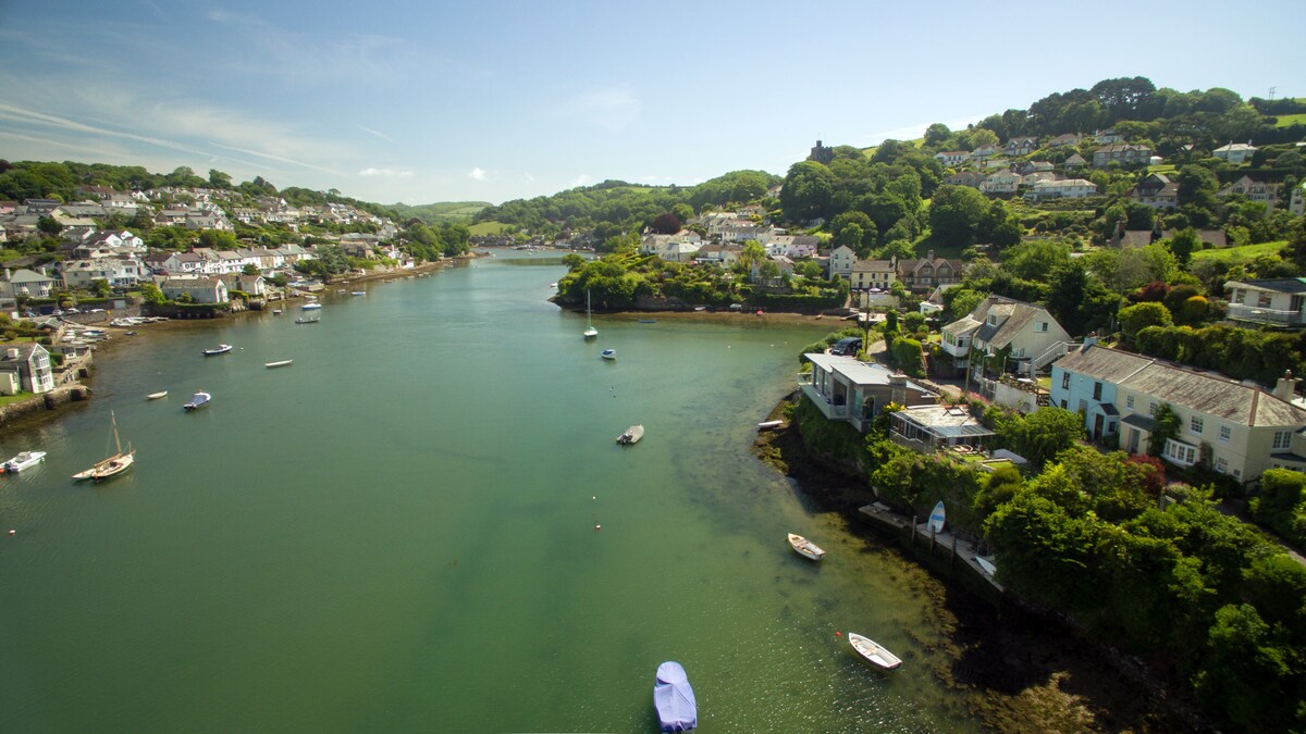 A serene view of a river estuary reveals lush, green hills and quaint houses lining the shores. Various boats are anchored in the water, while the sun shines brightly, casting reflections on the surface. The landscape encompasses a harmonious blend of nature and residential charm.