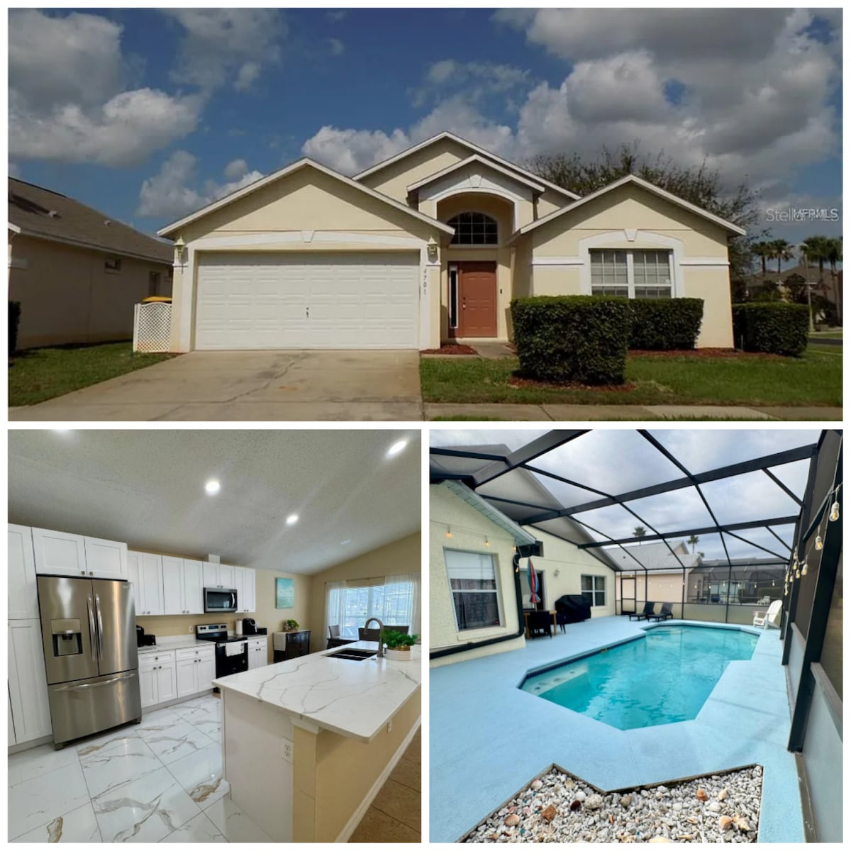 The villa showcases a single-story exterior with a two-car garage and neatly trimmed hedges. Inside, a fully equipped kitchen is complemented by modern appliances, white cabinetry, and a spacious counter. The private pool area is enclosed by a screen, featuring clear water and a border of smooth stones.