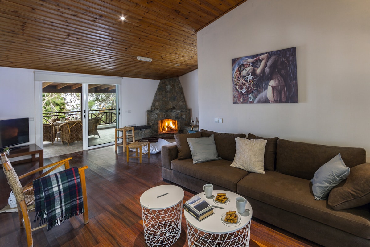 A modern living room features a spacious brown sofa and a decorative white coffee table. A stone fireplace is positioned against the wall, and a piece of artwork adorns the adjacent wall. Large sliding doors open to a covered balcony, enhancing the light and openness of the space.