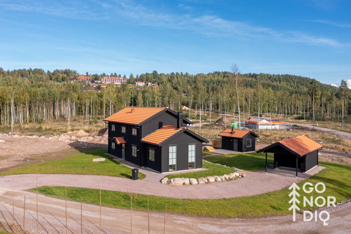 The exterior of the Black Bear house showcases a modern cabin-style design with a dark wood facade and a distinctive orange roof. The property is surrounded by a grassy area, with nearby trees and distant hills visible, offering a peaceful natural setting.