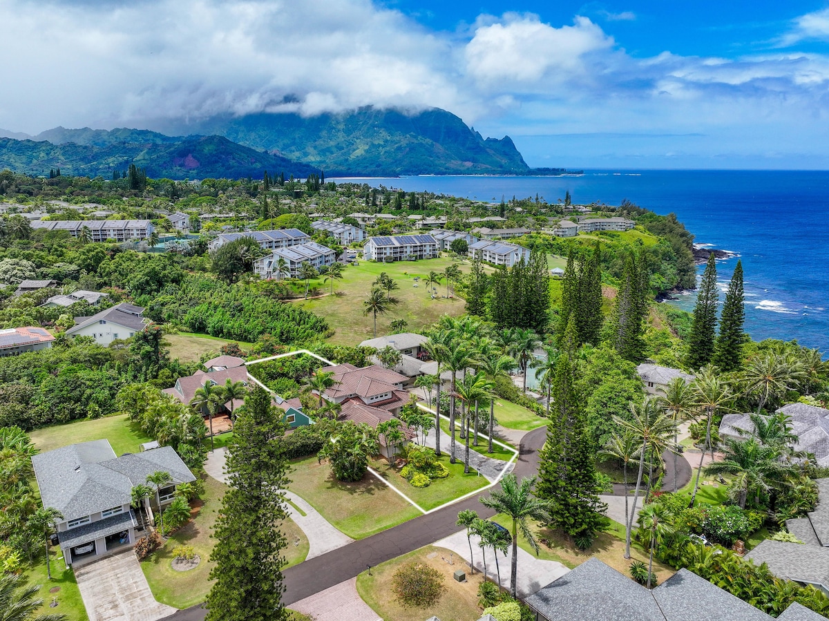 An aerial view captures a sprawling landscape of lush greenery and coastal beauty. The vacation home is positioned within a tranquil cul-de-sac, surrounded by palm trees and residential properties, with the ocean and mountains visible in the background under a partly cloudy sky.