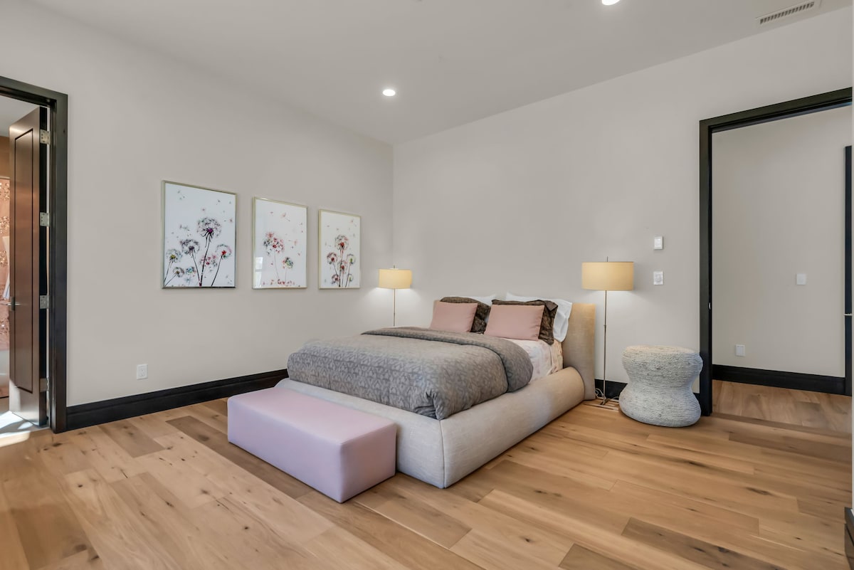 Large Bed, Bed Bench, and Standing Lamps