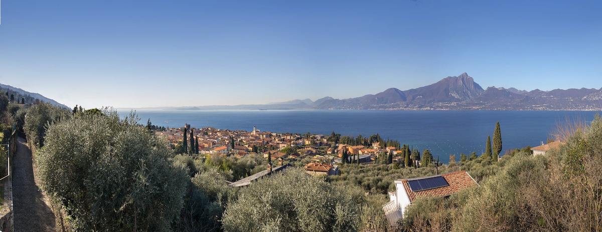 A panoramic view of the surrounding countryside is displayed, capturing the town below and the tranquil lake. Olive trees dot the landscape, and distant mountains frame the horizon against a clear blue sky.