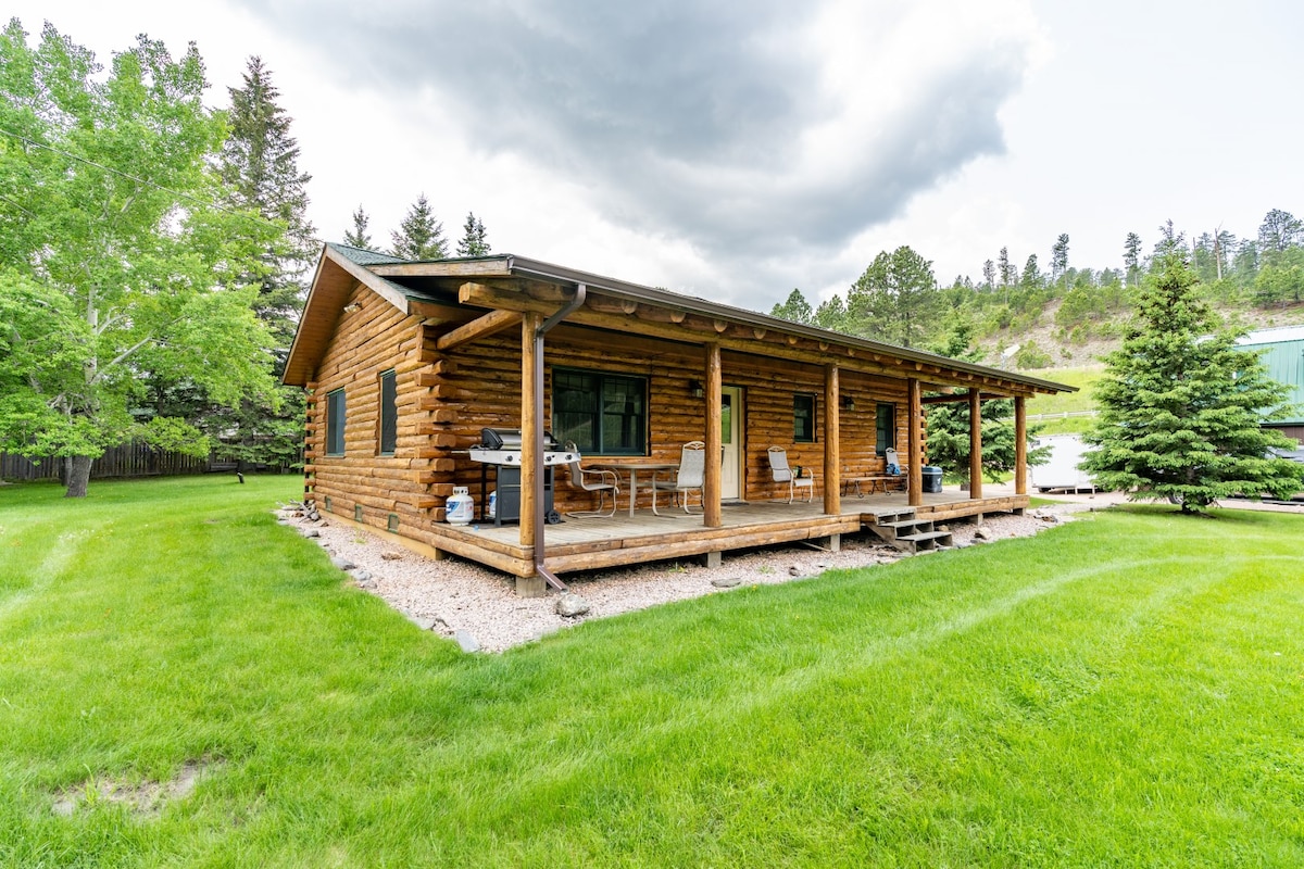 The exterior of the log cabin is framed by lush green grass and trees, showcasing a spacious covered deck with outdoor seating. The cabin features large windows that invite natural light, and a gravel path leads up to the entrance.