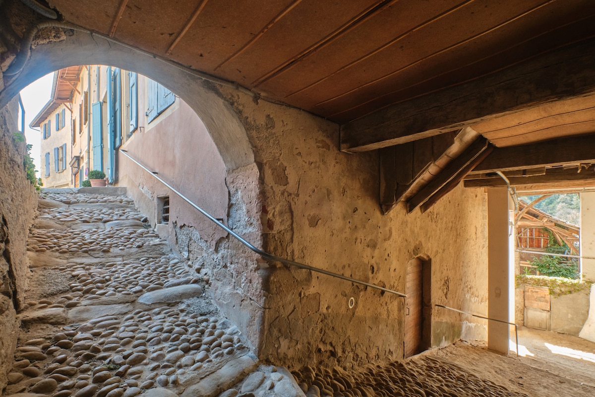 A medieval cobbled passage is visible, leading into the apartment's entrance. The stone walls are textured, illuminated by natural light filtering through nearby windows. Handrails assist in navigating the incline, creating a charming and historic pathway for visitors to access the lodging.