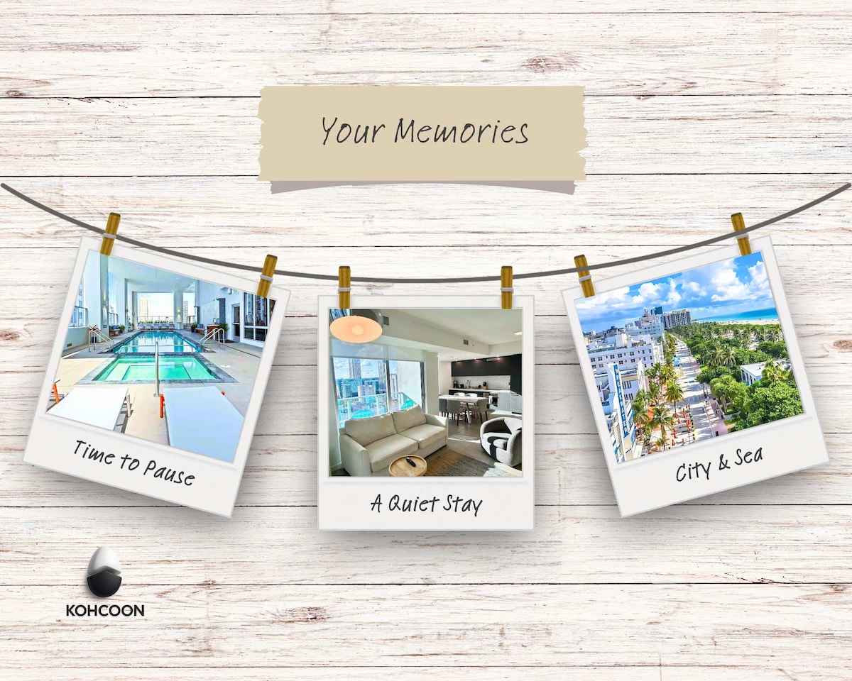 A rooftop area shows a heated pool surrounded by sun loungers, offering expansive views of the skyline. The pool area is bright and airy, with large windows allowing natural light to flood in, creating an inviting space for relaxation.