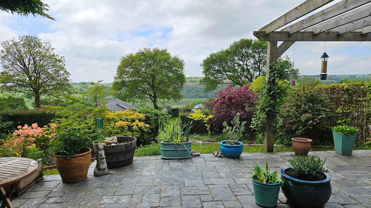 A stone patio adorns the garden, surrounded by various potted plants in different colors and sizes. A wooden trellis offers structure, while the distant landscape showcases lush greenery and trees, providing a serene backdrop of the countryside.