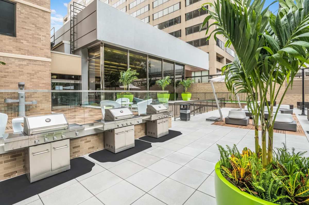 An outdoor grilling area is featured with four stainless steel grills positioned along a sleek patio. Modern chairs and vibrant green planters add a touch of nature, while palm plants and ferns enhance the inviting atmosphere. The backdrop includes a building with large glass windows.