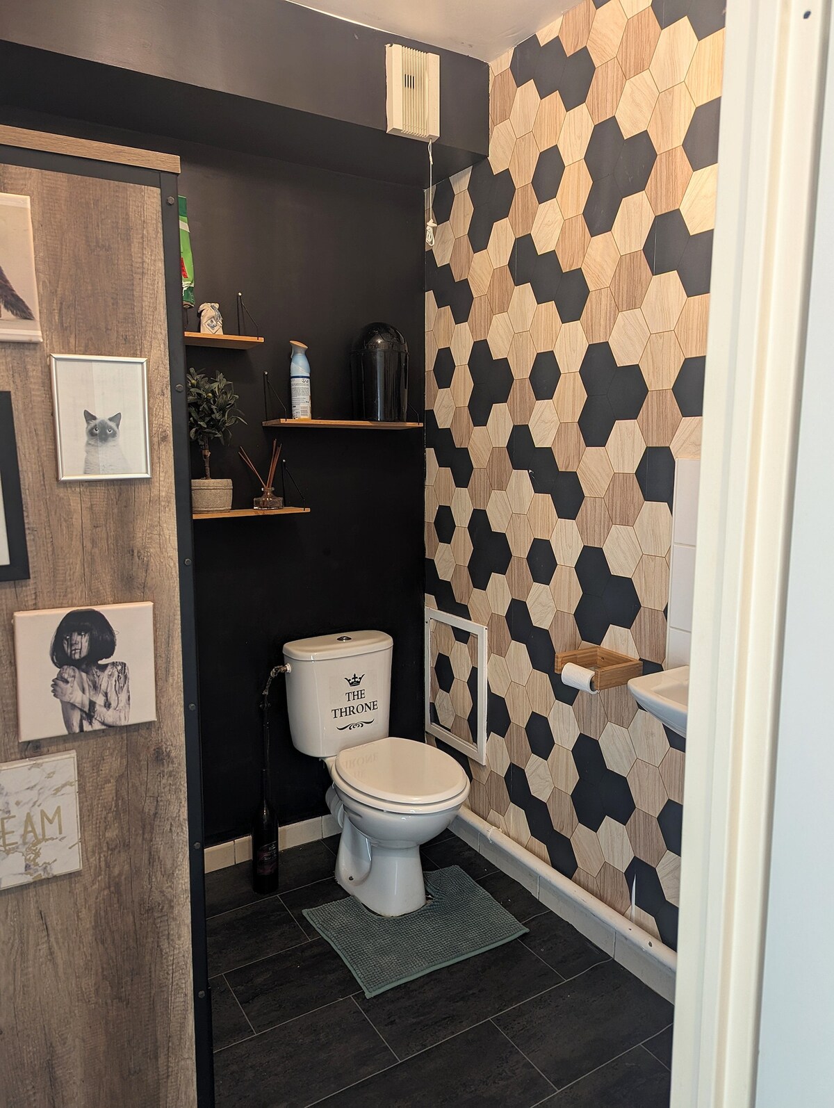 The bathroom features a modern design with hexagonal wallpaper in a black and beige pattern. A white toilet and a small vanity sink are present, complemented by a green mat on the floor. Shelves display decorative items, adding a unique touch.