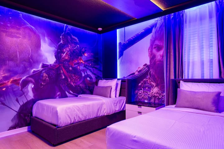 Dormitorio épico de fantasía con luces moradas brillantes y murales de guerreros