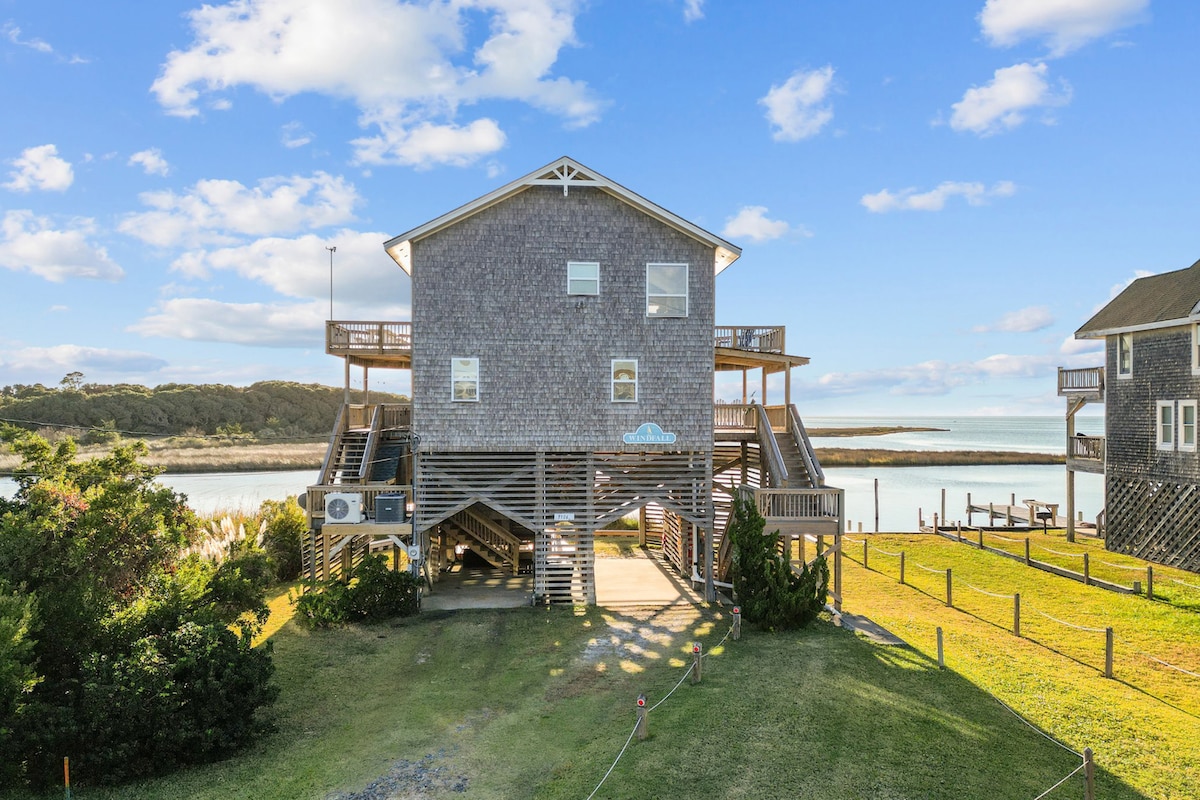 Soundfront Avon | Hot Tub, Dock & Sunset Views