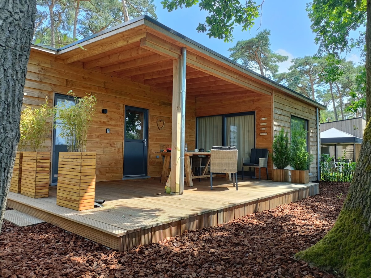 A wooden chalet features a spacious terrace with outdoor furniture, including a dining table and chairs. Planters with greenery frame the entrance, while a cozy interior is visible through the large glass doors. Trees surround the space, providing a natural atmosphere.