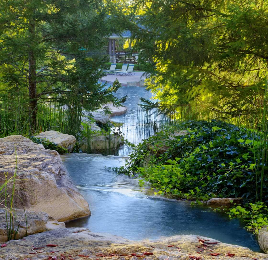 A serene water feature meanders through lush greenery and natural rock formations. Tall trees provide dappled sunlight, while gentle ripples are seen on the surface of the water, creating a peaceful environment for relaxation.