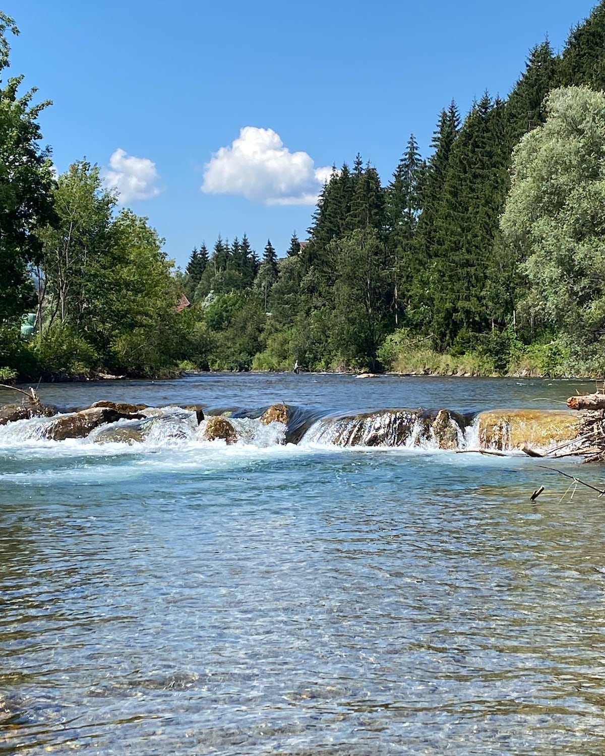 A serene river flows over a rocky outcrop, creating gentle ripples in the clear water. Lush green trees line the banks, with a backdrop of dense forest and a bright blue sky dotted with clouds.