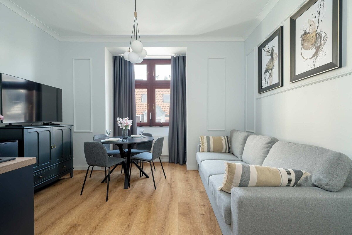 סטודיו מעוצב עם ספה נפתחת, טלוויזיה ופינת אוכל.