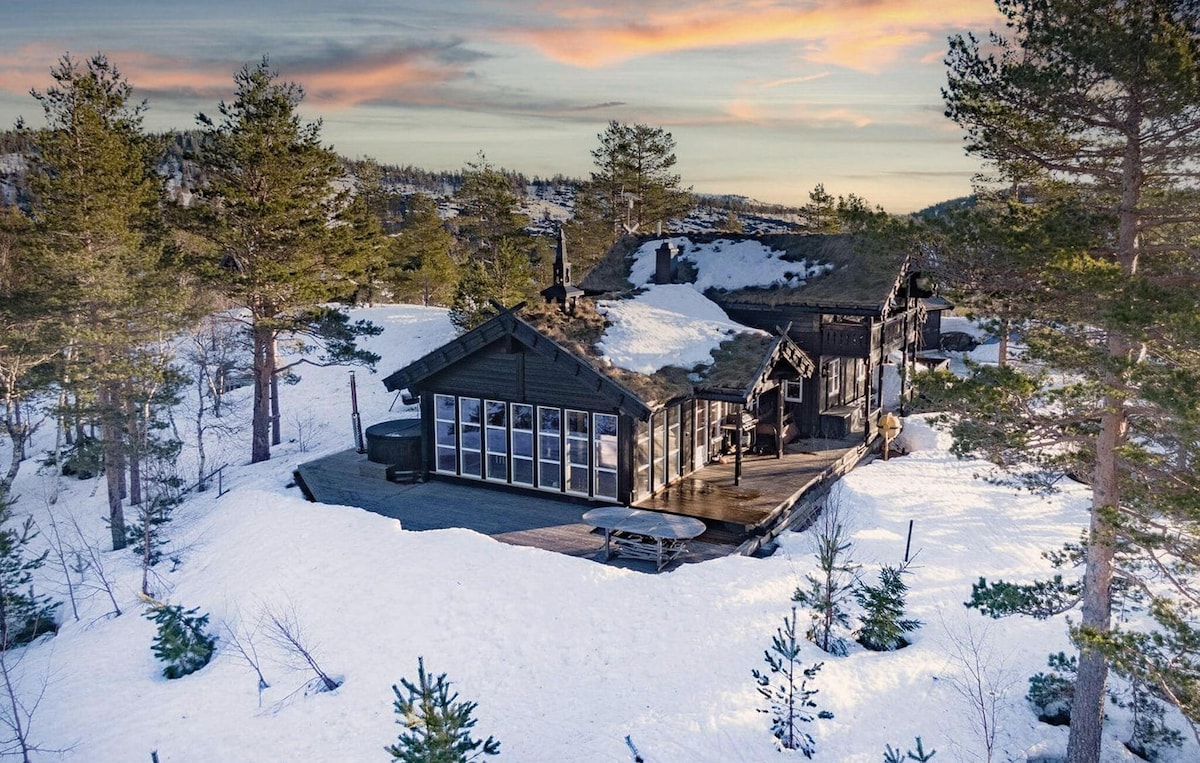 A holiday home is set against a snowy landscape, featuring a large terrace with glass doors that provide views of the surrounding areas. The roof showcases natural materials, blending harmoniously with its wintery environment. Pines are scattered throughout the scene, enhancing the outdoor appeal.