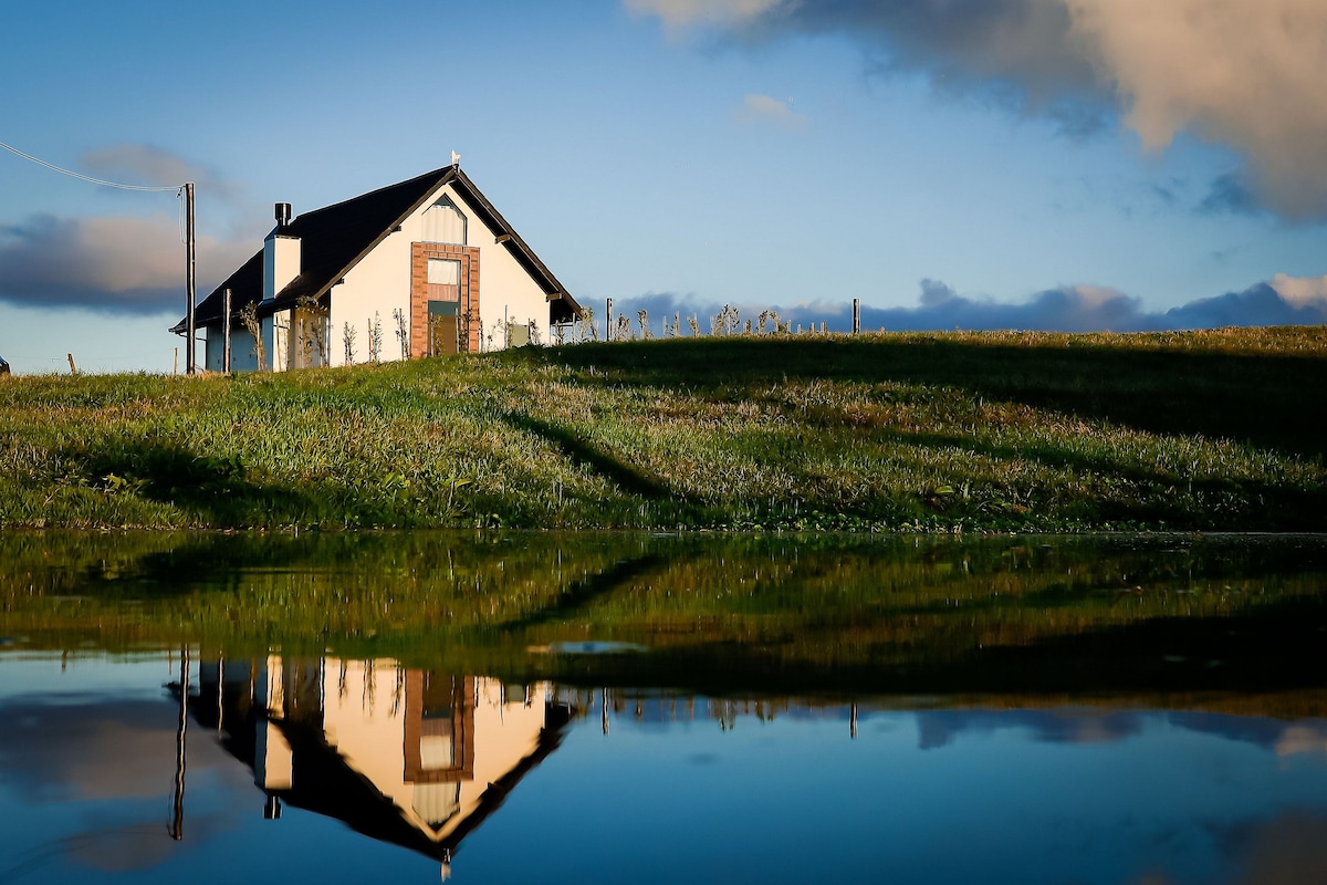 A charming chalet is depicted on a gentle hillside, its reflection visible in a calm body of water. Surrounding green grass and scattered bushes create a natural landscape, while blue skies with soft clouds add to the serene atmosphere.