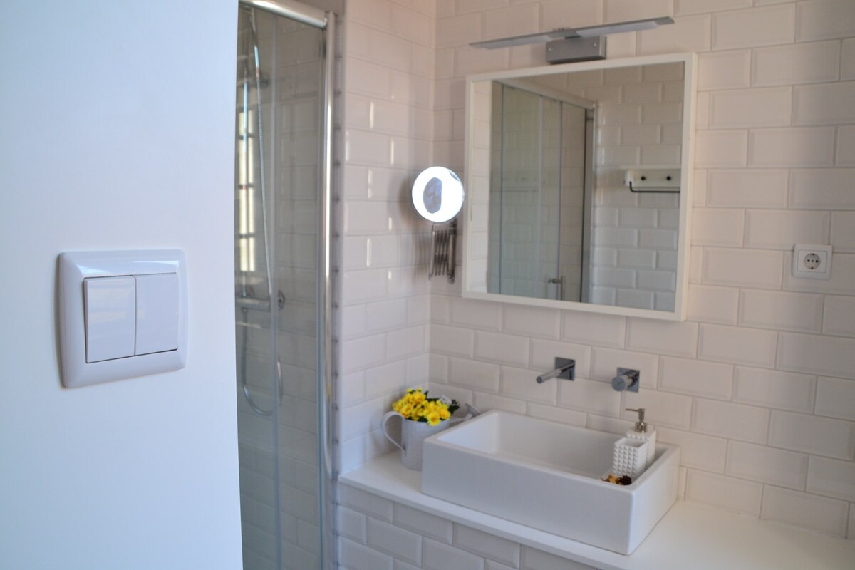 A modern bathroom features tiled walls and a spacious shower area enclosed by glass. A sleek mirror is mounted above a white sink, accompanied by a small arrangement of flowers. Natural light highlights the clean design and neutral color palette.