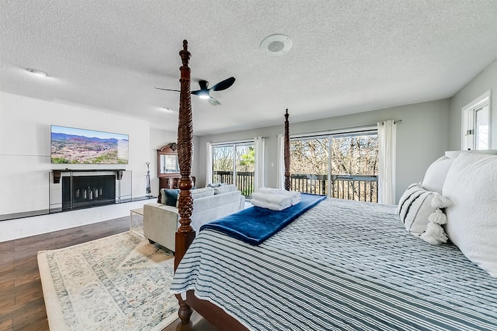 غرفة نوم رئيسية مع تلفزيون ومدفأة