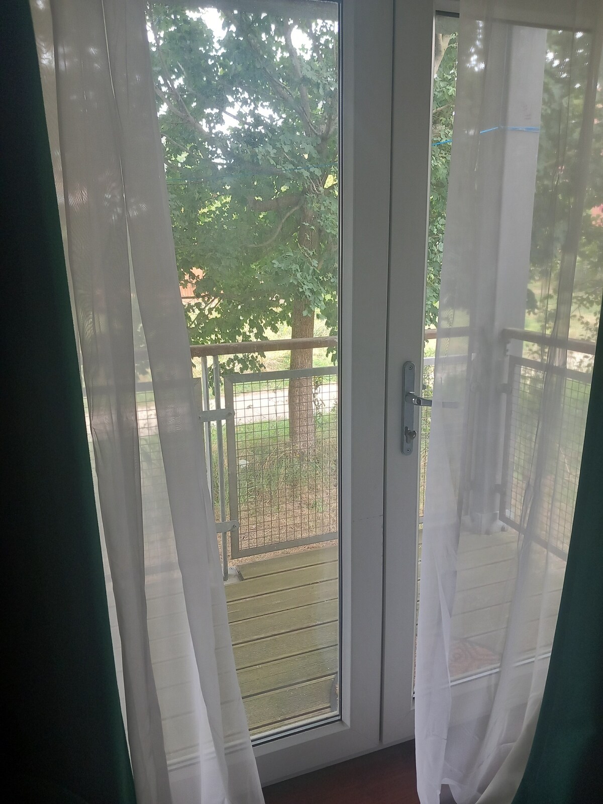 Light-filtering sheer curtains frame a sliding glass door, leading to a private balcony. Outside, a leafy tree stands, providing green views. The wooden balcony floor is visible beneath the railing, adding to the outdoor ambiance.