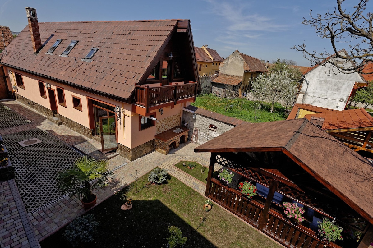 An aerial view showcases the two-story holiday house with a sloped roof and multiple windows. The outdoor area features a stone pathway leading to a covered patio with wooden railings and seating. Lush greenery surrounds the property, enhancing the rural setting.