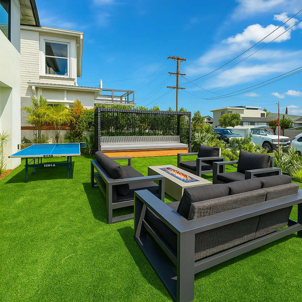 An inviting outdoor lounge area features comfortable seating with dark cushions arranged around a fire pit. A ping pong table occupies one side of the space, while a hanging daybed is positioned nearby among landscaped greenery, all set against a clear blue sky.